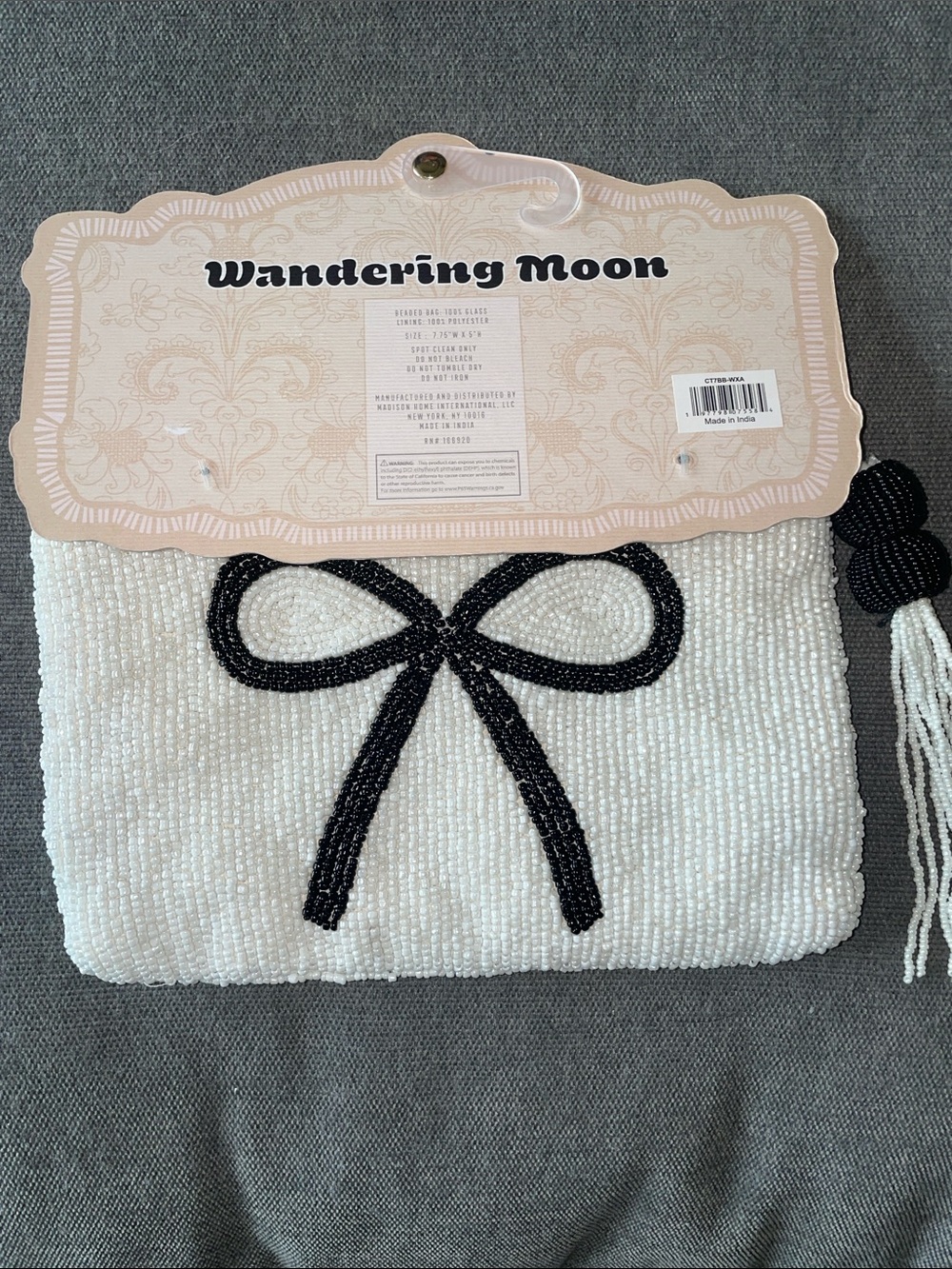 Wandering Moon White Beaded Pouch with Black Bow Detail - Picture 2 of 7